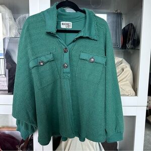 Terry Cocoon Long Sleeve Pullover Top in Green
